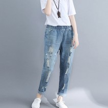 아이엠몽 여성용 디스트로이드 밴딩 데님 팬츠