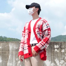 남성용 체크 오버핏 니트 가디건
