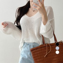 밀키버터 여성용 V넥 루즈핏 부클 니트