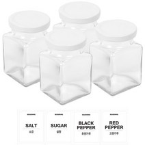 홈앤라이프 유리 양념통 사각 200g 세트, 1세트, 유리 양념통 4p + 화이트캡 4p + 스티커 4p(소금 + 설탕 + 후추 + 고춧가루)