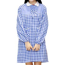 이코디 리본 체크 긴팔 앞치마, 블루, 1개