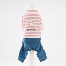 슈퍼식스 반려동물 줄무늬 상의와 데님 올인원, 곰돌이핑크