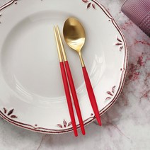 까사무띠 아모르 한식수저세트 무광골드 레드, 1세트, 젓가락 1p + 디너스푼 1p