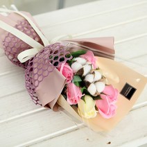 해피365 조화 화이트 목화 비누 장미 꽃다발, 핑크(비누꽃), 랜덤발송(리본)