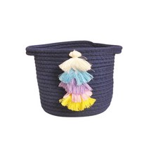 더플로우컴퍼니 귀여운 다용도 캐릭터 코튼 손잡이 바구니, 네이비  + 레인보우태슬, 1개