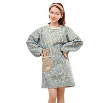 성인용 토끼귀 포켓 플라워 긴팔 데일리 작업복 주방 앞치마, 블루, 1개