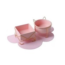 캣츠랜드 고양이 도자기 식기 + 물그릇 세트, 핑크(그릇), 금속(받침대), 1세트