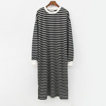 빅걸스토리 여성용 캐주얼 단가라 스트라이프 트임 롱 원피스