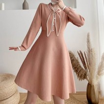 메이첼 봄 가을 리본 플레어 니트 미디 원피스