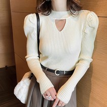 여성용 반폴라 퍼프소매 골지 니트