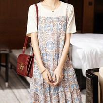 아뗄릭 라운드넥 이중 레이어드 뷔스티에 반팔 플레어 미디 원피스 00729