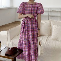 메이첼 벌룬 소매 허리 스트랩 레트로 체크 롱 원피스 00785
