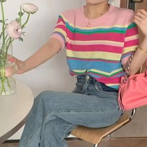 메이첼 여성용 컬러풀 스트라이프 루즈핏 니트 티셔츠 02522