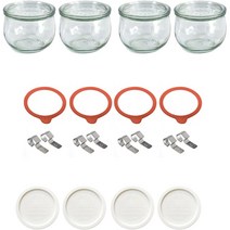 WECK 튤립형 PE 뚜껑 + 유리용기 + 유리뚜껑 + 고무링 + 클립 2p 풀 세트 밀크 580ml No.744, 4세트, 5종
