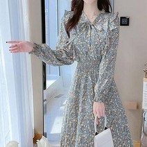구디프 플라워패턴 리본타이 어깨프릴 롱 원피스