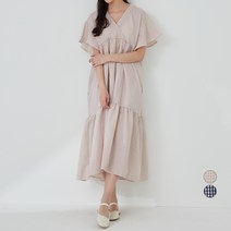 캐럿 여성용 루즈핏 깅엄체크 반팔 롱 원피스