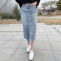 마이시즌 여성용 이븐 앞슬릿 데님 스커트 롱(발목길이)스커트