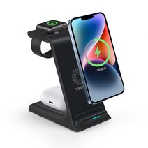 뷰씨 15W 3in1 고속 무선 충전기 거치대 애플워치 및 무선이어폰 호환, 블랙, 1개