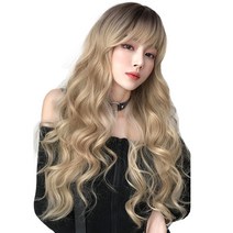 하이유니 글램 펌 롱 헤어 긴머리 통가발 가발 68cm + 가발망 + 거치대 세트, 크림브라운