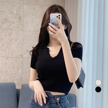 여성용 브이넥 카라 골지 반팔 티셔츠 lkf239