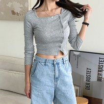 여성용 비쥬 스퀘어넥 사선버튼 크롭 티셔츠