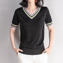 유니제이 여성용 올티 브이넥 배색 펄 니트