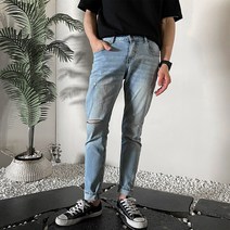 머시따 남성용 컷팅 스판 데미지 워싱 연블루 청바지
