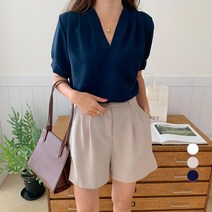 무드인더 여성용 V넥 퍼프소매 쉬폰 블라우스
