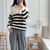 여성용 레몬티 스트라이프 반집업 니트 스웨터 kh23571