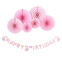 파티해 페이퍼 유니콘 생일 가랜드 + 페이퍼 롤리팬 장식 6p 세트, 핑크(롤리팬), 1세트