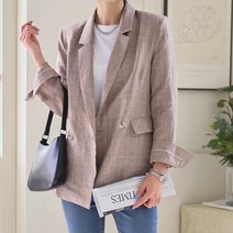빼빼 여성용 카라넥 체크 스탠다드핏 린넨 자켓