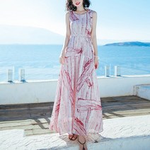 마더브띠 여성용 근사한 프린팅 민소매 쉬폰 롱 원피스