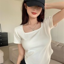 묘먀미 여성용 스퀘어넥 기본 무지 슬림 반팔 티셔츠 AA015