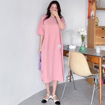 티탁 여성용 빅사이즈 데일리 루즈핏 라운드넥 포켓 라벨 트임 반팔 롱 원피스 TTCD56