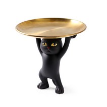 진리 인테리어 거실 고양이 장식 트레이 원형, 블랙