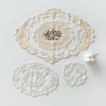 메인홈 빈티지 레이스 면사 도일리 테이블 코스터 매트 3종 세트, 아이보리(자수), 베이지(미니, 타원)