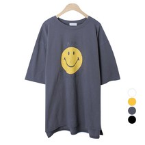 플랜데이 여성용 크랙 빅 스마일 프린팅 옆트임 오버핏 반팔 티셔츠