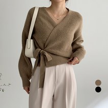 무드인더 여성용 브이넥 랩 긴팔 니트