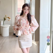 에비뉴비 여성용 수채화 스모크밴딩 플레어 블라우스