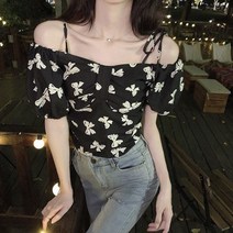 묘먀미 여성용 리본패턴 로맨틱 오프숄더 쉬폰 블라우스