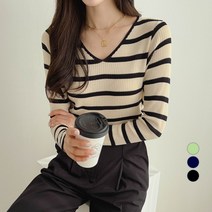 세컨그라운드 여성용 단가라 브이넥 골지 긴팔 티셔츠