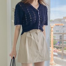 린다샵 여성용 체린텔 펀칭 배색 니트 반팔 가디건 CD1956K25