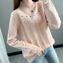 솔레일 여성용 꼬미플라워 하프넥 자수 니트