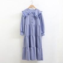 피핀 여성용 자체제작 프릴 카라넥 링클프리 체크 원피스 38497