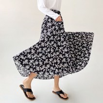플랜데이 여리 꽃무늬 나염 후레아 밴딩 A라인 롱 스커트
