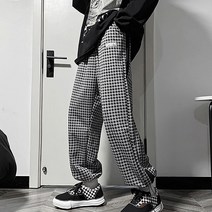 남성용 스트레이트 하운드체크 패턴 일자핏 캐주얼 바지