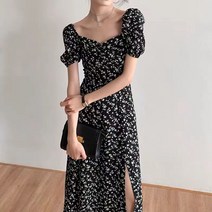 뽀르픽 스퀘어넥 퍼프 소매 잔꽃 플라워 롱 원피스