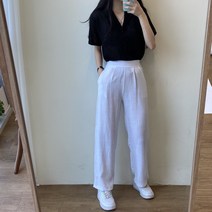 여성용 데일리 무드베이직 린넨 뒷밴딩 핀턱 일자 롱팬츠