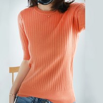 더시럽 여성용 파스텔 슬림 라운드넥 골지 반팔 니트