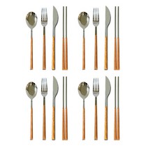 커트러리 4종 4인 세트, 내츄럴우드, 스푼 + 포크 + 나이프 + 젓가락